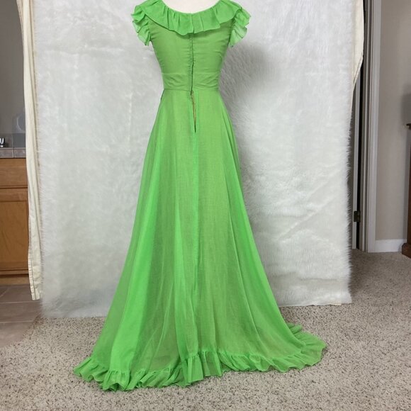 Vintage 70s Green Ruffle Maxi Dress S - Picture 3 of 8